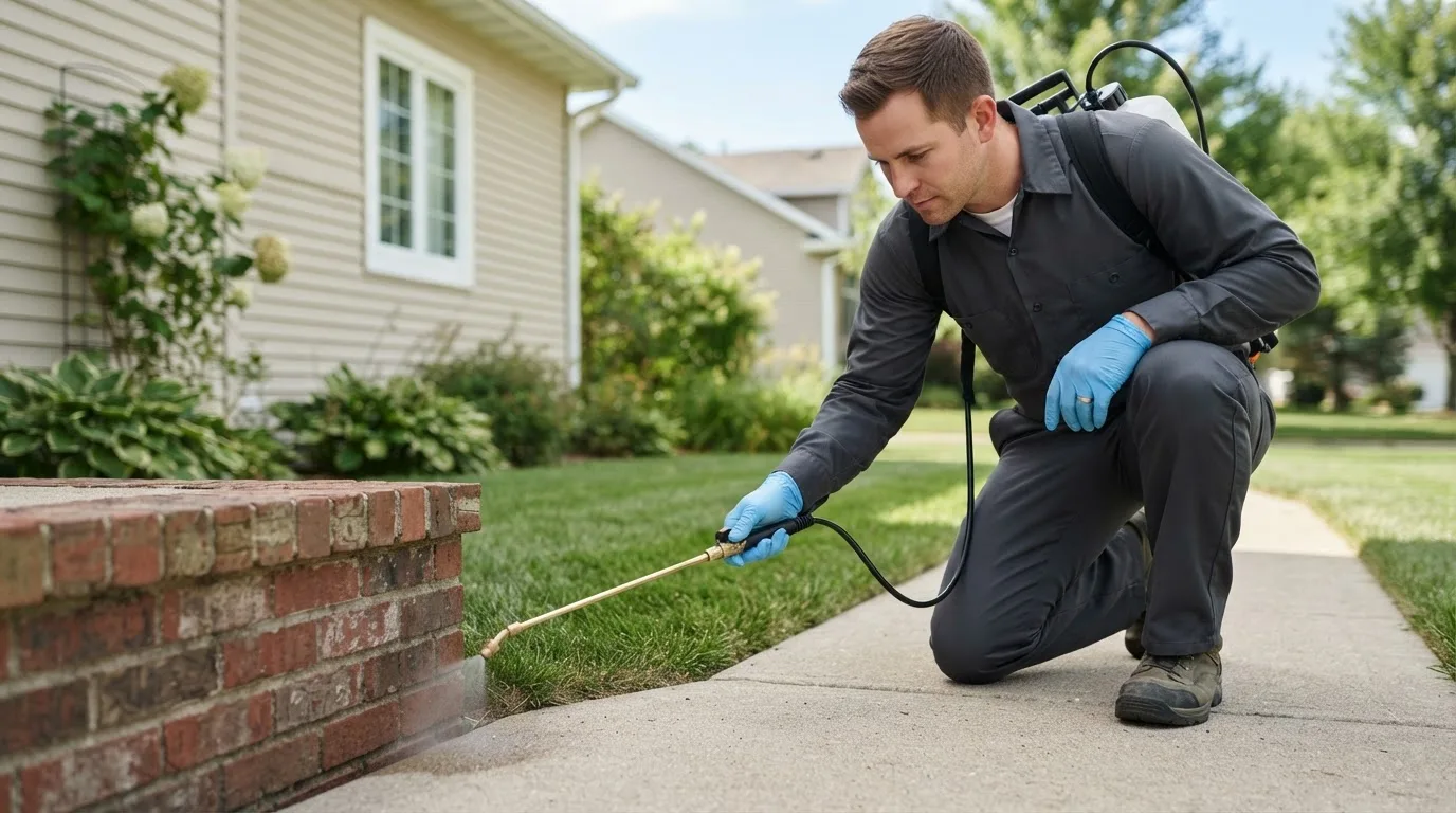 Pest control technician treating a home near Saint Meinrad, IN